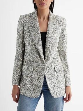 Express Silver Sequin Boyfriend Blazer Women’s Medium Worn Once